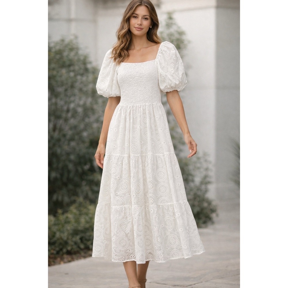 HUFV Dress‎ M White Eyelet Lace Tiered Midi Ruffled Romantic Coastal Cottagecore
